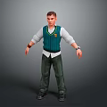 3D Character Model In Standing Pose Wearing Green Sweater Vest White Shirt And Green Pants