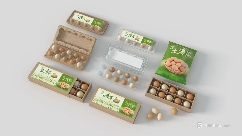 Farm Fresh Native Eggs in Various Packaging Including Cardboard Boxes Plastic Containers and Bags 3d model 
