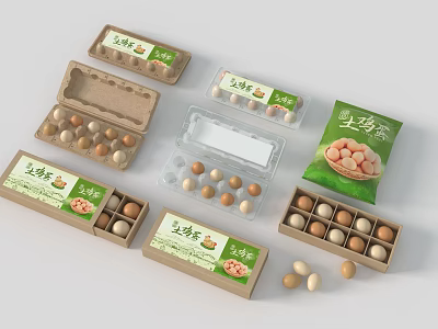 Farm Fresh Native Eggs in Various Packaging Including Cardboard Boxes Plastic Containers and Bags 3d model