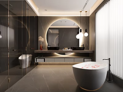 Modern Elegant Bathroom Interior Design With Freestanding Bathtub Double Sinks Round Mirror And Pendant Lights 3d model
