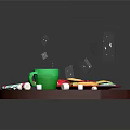 Christmas Themed Cookies On Wooden Tray With Green Cup Hot Drink Marshmallows And Candy Canes