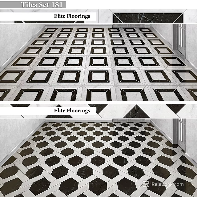 Elite Floorings Black And White Geometric Square And Hexagonal Tile Designs 3d model 