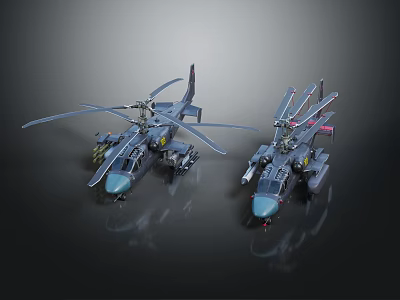 Two Military Style Helicopter Models With Sci Fi Rotor Blades And Weapon Attachments 3d model