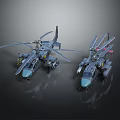Two Military Style Helicopter Models With Sci Fi Rotor Blades And Weapon Attachments 3d model