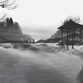 Cartoon Ink Wash Scenic View With Water Pavilion Distant Mountains Flying Birds And Tree Branches