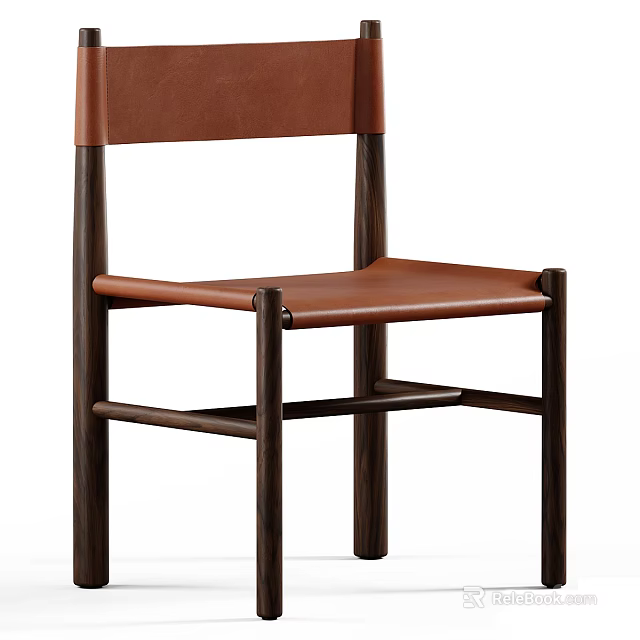 Modern Single Chair With Brown Leather Seat And Solid Wooden Frame 3d model