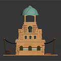 Model Building With Green Dome Tower Wooden Facade Shop Front Awnings And Display Counters