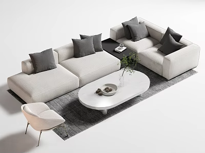 Modern Light Beige Sofa with Gray Cushions and White Oval Coffee Table Set 3d model