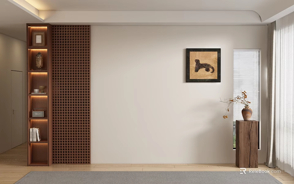 Modern Sofa Backdrop Wall Featuring Light Beige Surface Wooden Lattice Shelf Framed Art and Vase 3d model 