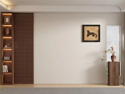 Modern Sofa Backdrop Wall Featuring Light Beige Surface Wooden Lattice Shelf Framed Art and Vase 3d model