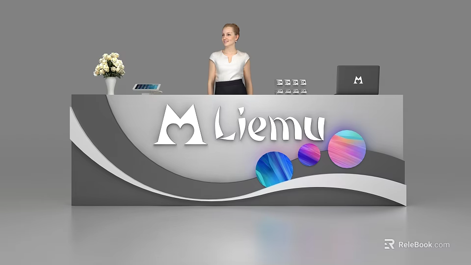 Modern Reception Desk With Liemu Logo Flower Bouquet Tablet Laptop And Geometric Decorations 3d model 