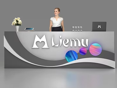 Modern Reception Desk With Liemu Logo Flower Bouquet Tablet Laptop And Geometric Decorations 3d model
