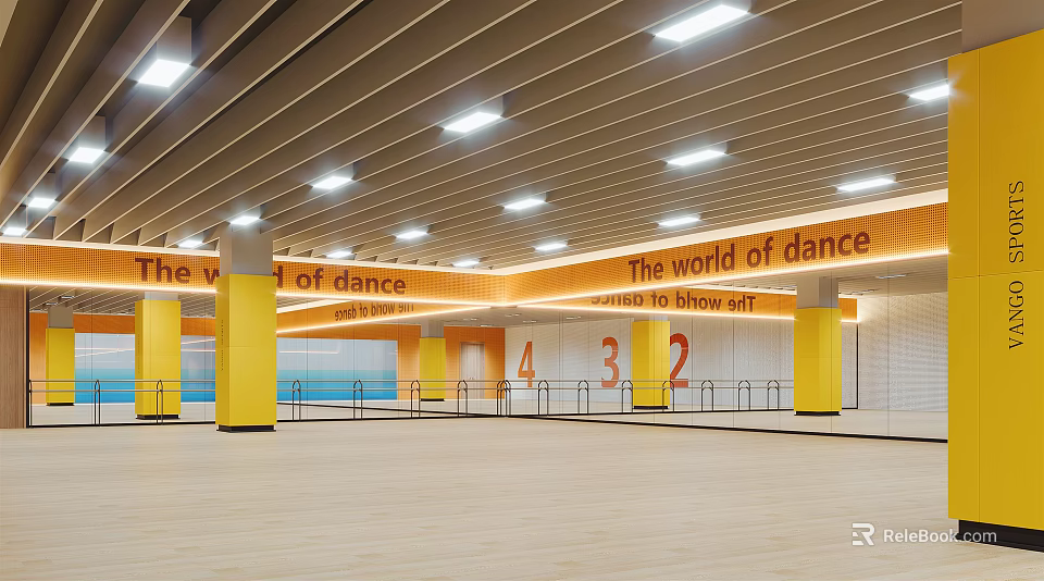Dance Fitness Training Space With Wooden Floor Yellow Pillars And Numbers 1 To 4 3d model 