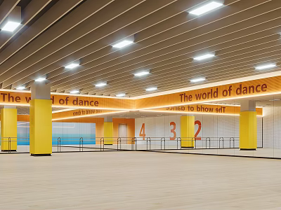 Dance Fitness Training Space With Wooden Floor Yellow Pillars And Numbers 1 To 4 3d model