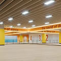 Dance Fitness Training Space With Wooden Floor Yellow Pillars And Numbers 1 To 4