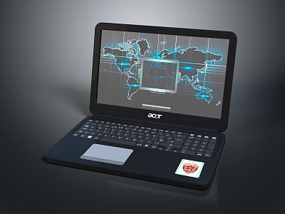 Acer Laptop Screen Displays World Map With Blue Global Network Connections 3d model