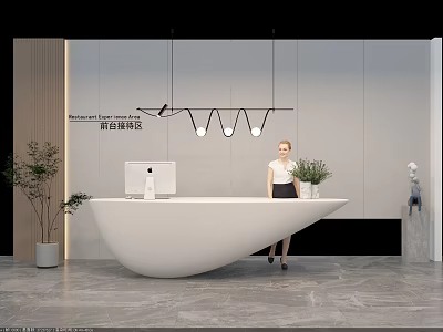 Modern Front Desk Reception Area With Curved White Counter Pendant Lights And Receptionist 3d model