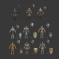 Fantasy Warrior Characters With Medieval Armor Weapons Shields Axes And Flags Equipment 3d model