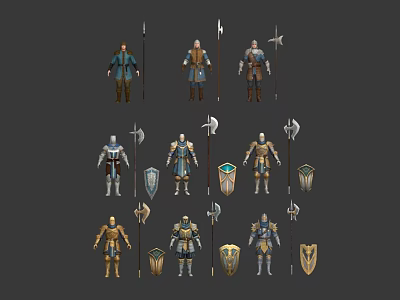 Fantasy Warrior Characters With Medieval Armor Weapons Shields Axes And Flags Equipment 3d model