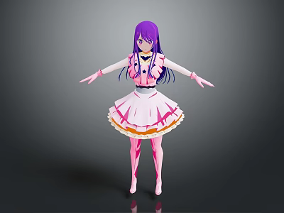 Purple Haired Fantasy Creature In Pink Frilly Dress With Long Hair Standing Pose 3d model