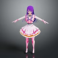Purple Haired Fantasy Creature In Pink Frilly Dress With Long Hair Standing Pose