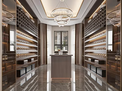 Modern Wine Cellar With Marble Floor Wine Racks Chandelier Bar Counter And Mirror Walls 3d model
