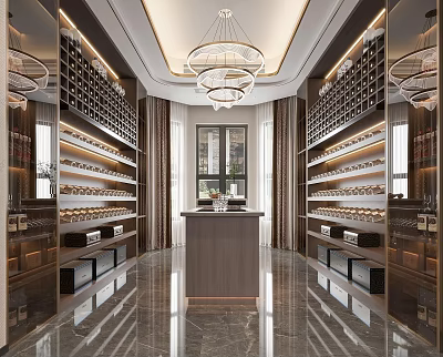 Modern Wine Cellar With Marble Floor Wine Racks Chandelier Bar Counter And Mirror Walls 3d model