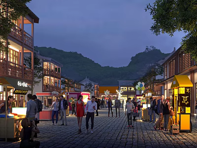 Vibrant Commercial Street With Chinese Style Buildings Shops Pedestrians And Mountain Views At Evening 3d model