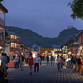 Vibrant Commercial Street With Chinese Style Buildings Shops Pedestrians And Mountain Views At Evening