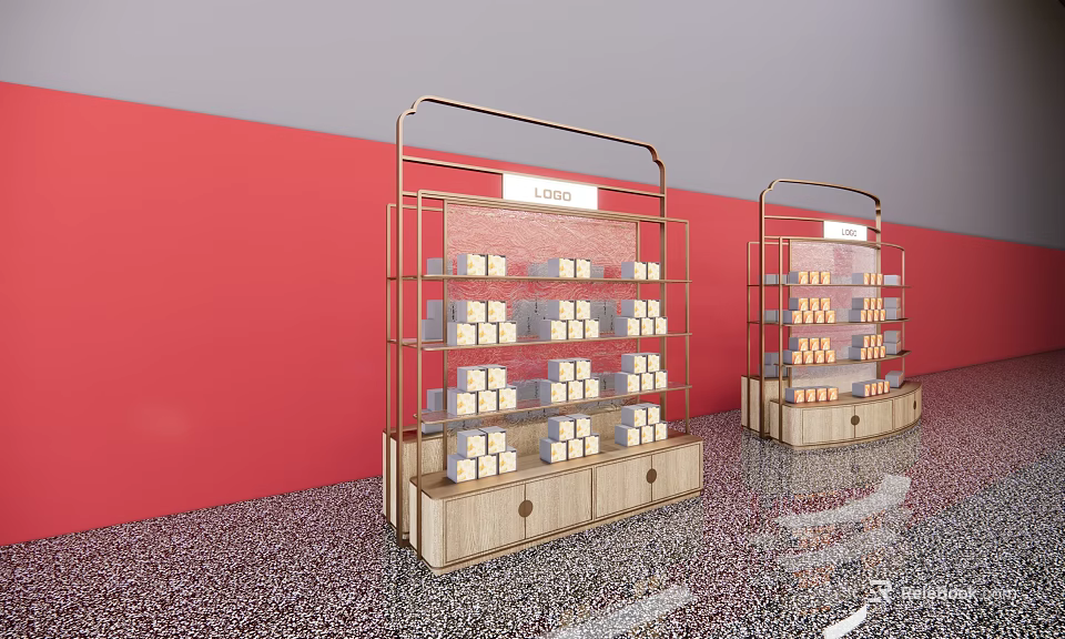 Elegant Display Shelves With Metal Frame Wooden Base And Stacked Boxes On Patterned Floor 3d model 