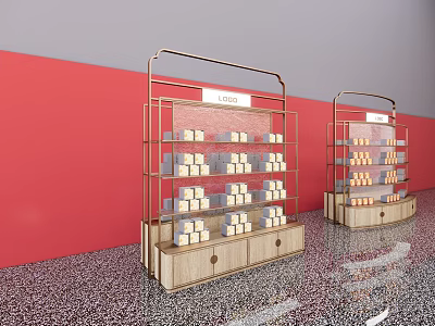 Elegant Display Shelves With Metal Frame Wooden Base And Stacked Boxes On Patterned Floor 3d model