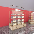 Elegant Display Shelves With Metal Frame Wooden Base And Stacked Boxes On Patterned Floor