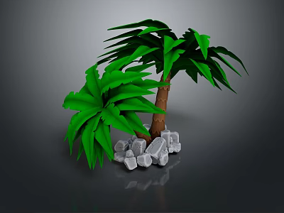 Cartoon Scene Featuring Two Palm Trees with Green Leaves Brown Trunks and Gray Stones 3d model