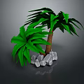 Cartoon Scene Featuring Two Palm Trees with Green Leaves Brown Trunks and Gray Stones