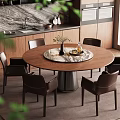 Round Dining Table Set With Six Dark Chairs Marble Tabletop Metal Base Wooden Kitchen Cabinets