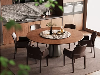 Round Dining Table Set With Six Dark Chairs Marble Tabletop Metal Base Wooden Kitchen Cabinets 3d model