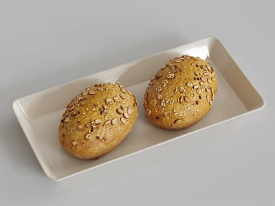 Fresh Seeded Whole Grain Bread Loaves On White Rectangular Plate 3d model