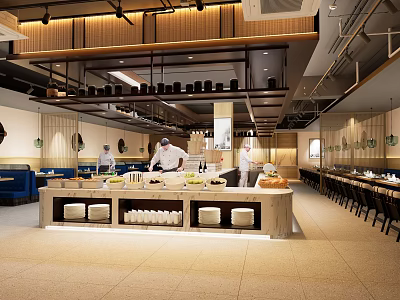 Modern Restaurant Interior With Open Kitchen Chefs Preparing Food And Dining Area 3d model