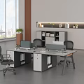 Modern Office Desk And Chair Set With Computer Monitors Bookshelf And Potted Plant