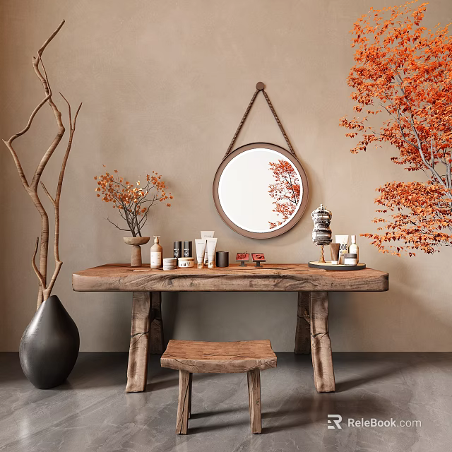 Natural Wooden Dressing Table With Round Mirror Skincare Products Decorative Flowers And Wooden Stool 3d model 