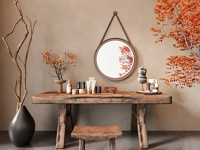 Natural Wooden Dressing Table With Round Mirror Skincare Products Decorative Flowers And Wooden Stool 3d model