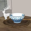 Dinnerware Set Blue And White Patterned Bowl With Silver Tray On Wooden Table 3d model