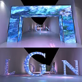 3D LGN Letters Exhibition With Blue Screen Backdrop And Reflective Floor Lighting Effects