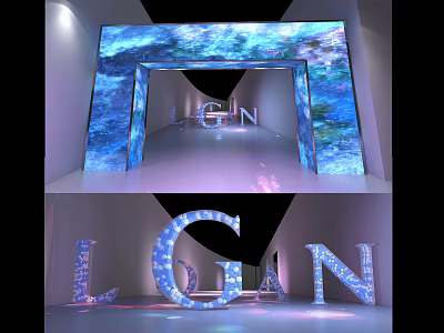 3D LGN Letters Exhibition With Blue Screen Backdrop And Reflective Floor Lighting Effects 3d model