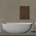 White Freestanding Bathtub In Bathroom With Beige Wall Brown Painting White Faucet And Wooden Floor