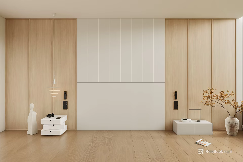 Minimalist Sofa Background Wall Design With Wooden Panels And Decorative Accents 3d model 