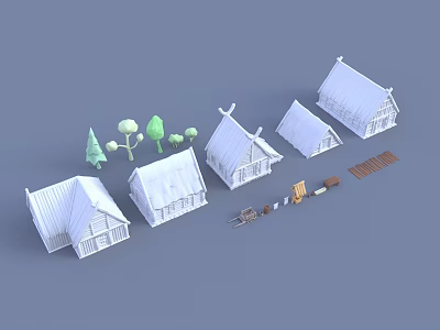 Cartoon Scene Featuring White Houses Small Cottages Green Trees And Wooden Carriage 3d model