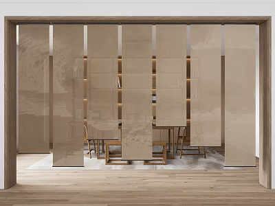 Light Brown Textured Curtains In Indoor Space With Wooden Floor And Furniture 3d model