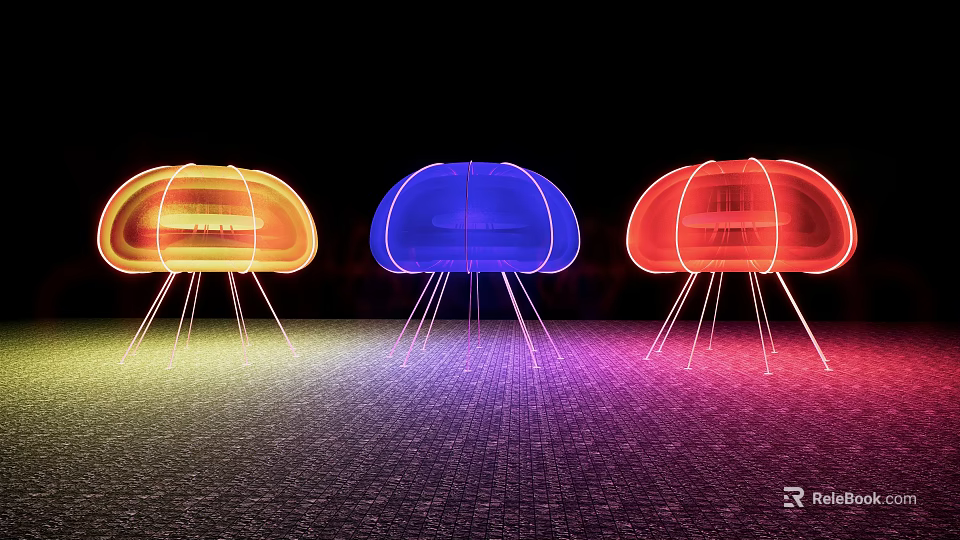 Colorful Modern Lamps With Neon Glow And Slim Stands On Dark Background 3d model 