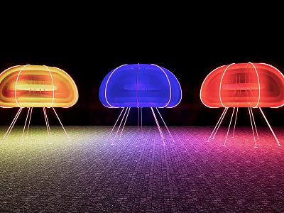 Colorful Modern Lamps With Neon Glow And Slim Stands On Dark Background 3d model